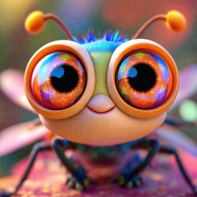The primary subject of the image is a cute, colorful, and cartoonish insect, possibly a dragonfly or a beetle, with large, round, and colorful eyes. The insect is sitting on a surface, possibly a table or a counter, and appears to be smiling. The setting is indoors, with a backdrop of a wall. The visual style of the image is a combination of photo and digital art, creating a whimsical and playful atmosphere. The colors and mood of the